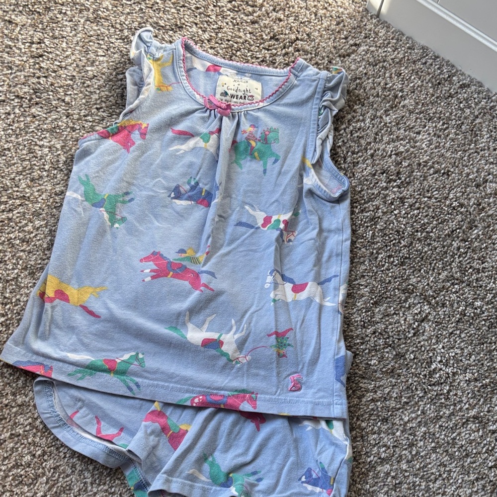 Joules Light Blue Horse Print Pajama Set with Pink Trim